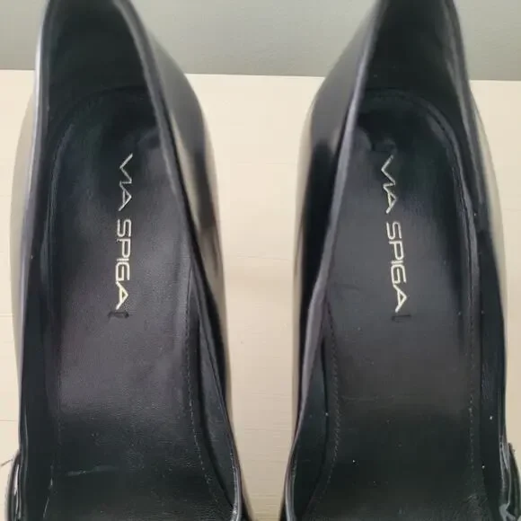 Via Spiga Black Patent Leather Stiletto Heels Double Buckle Pumps 9.5 - Picture 8 of 14